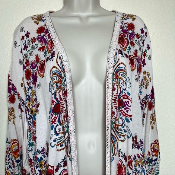 Bila Floral Open Front Cardigan Kimono Cream Boho Crinkle Rayon Women Size M/L - Picture 3 of 12